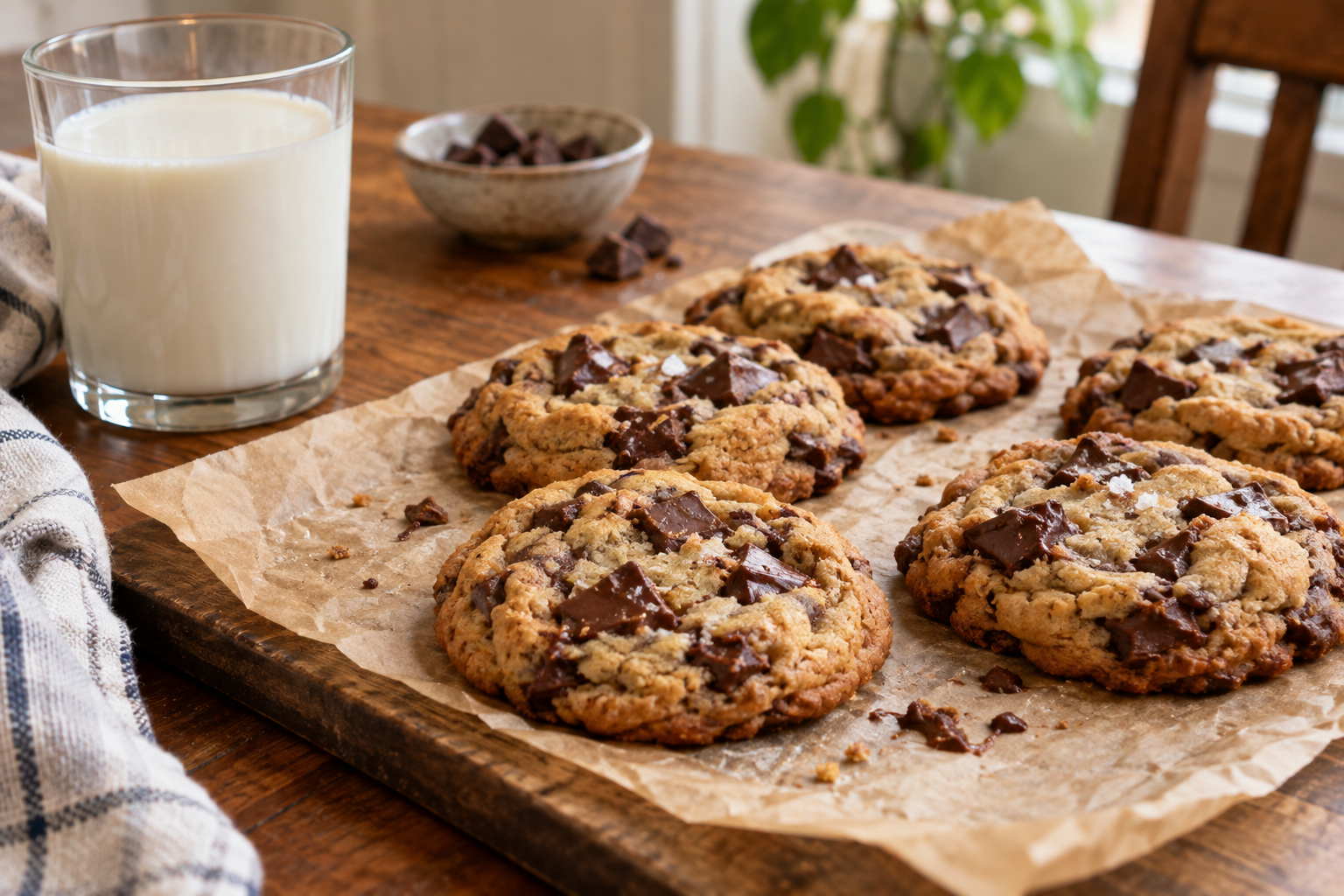 Homemade chocolate chunk cookies on parchment paper