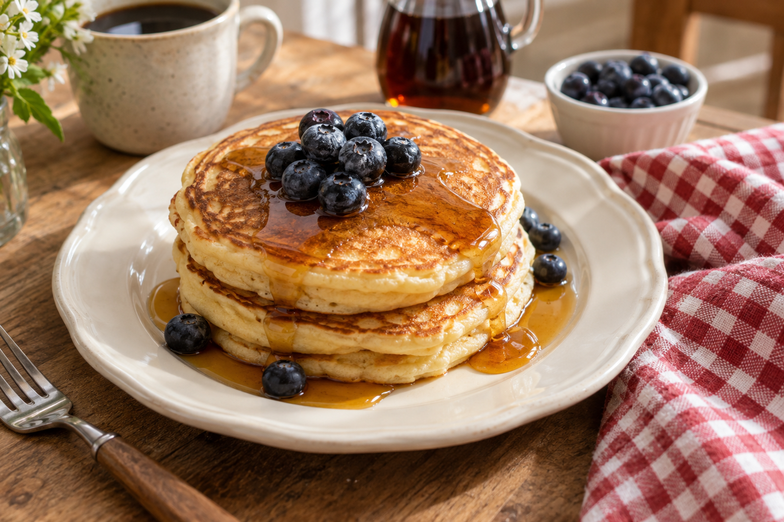 Stack of golden pancakes with blueberries and maple syrup