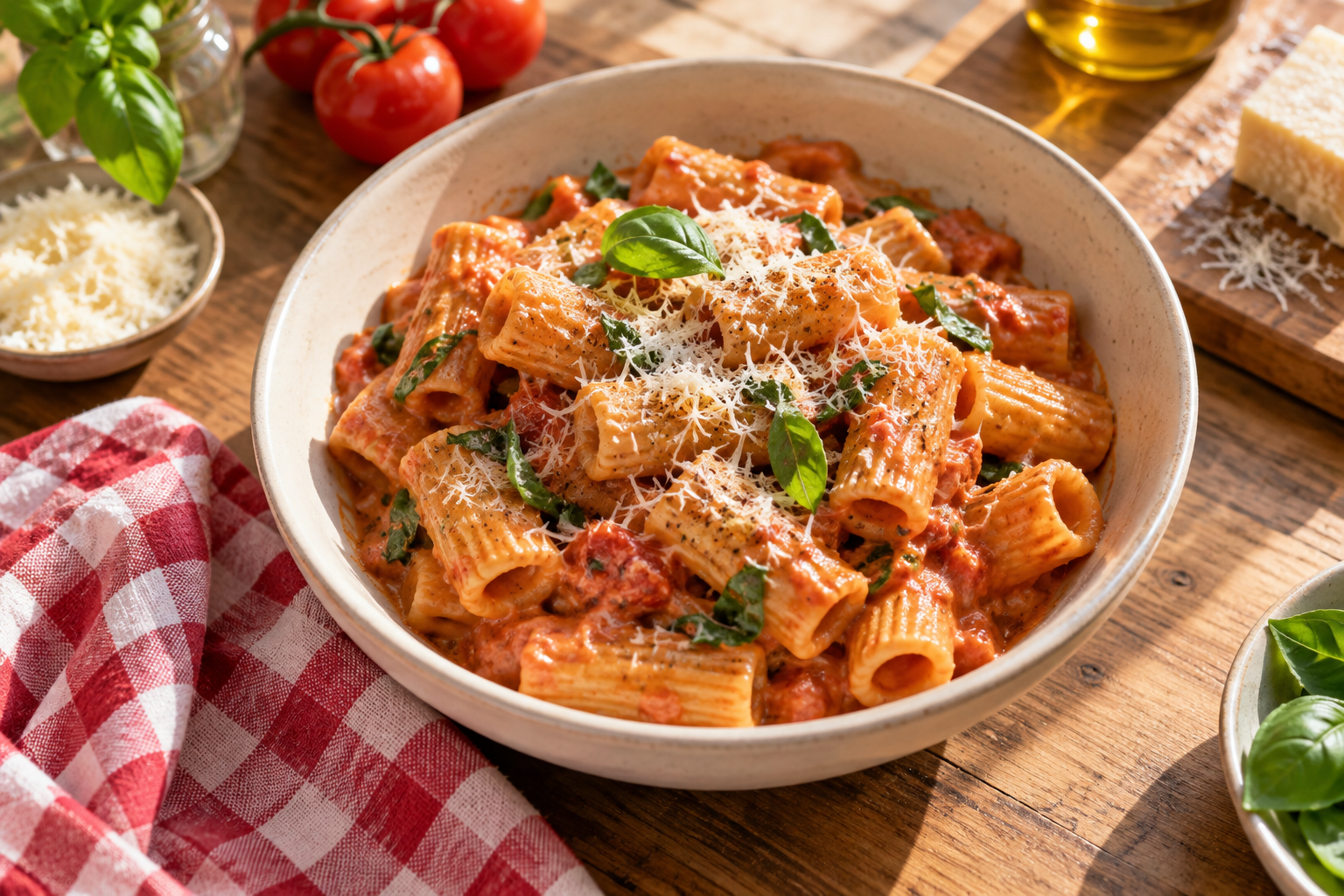 Rigatoni in a creamy tomato sauce with basil